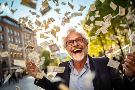 Happy person getting bonus money and banknotes flying in the air and get lucky rich and financial freedom comelinessの素材
