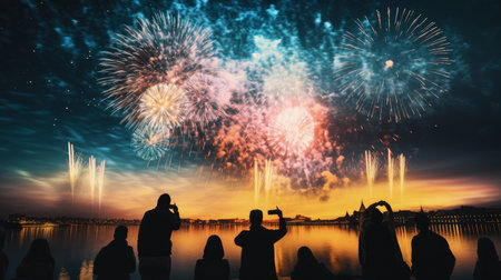 Firework explosion in the night sky celebrating happy new year 2024 . National firework shooting in the beautiful sky for a new year day of year 2024 .の素材