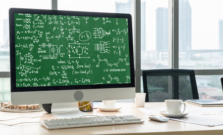 Mathematic equations and modish formula on computer screen showing concept of science and educationの写真素材