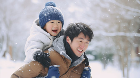 Happy family having fun while travel outdoor in winter enjoying time together comelinessの素材