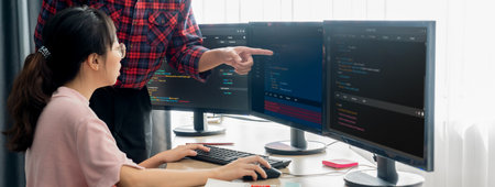 Cropped image of professional programer team collaboration discuss about web coding while coworker...