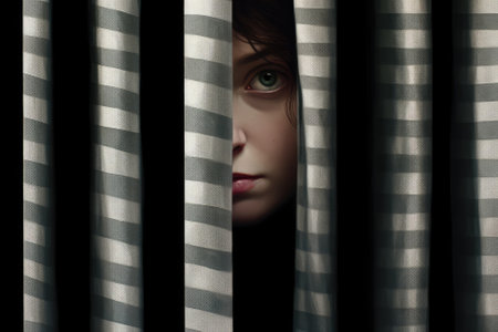 Scary eye peek out of strip lines abstract concept of unhappy vision minimal comelinessの素材