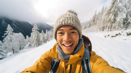 Traveler influencer taking selfie during travel in winter season backpack on alps mountain comelinessの素材