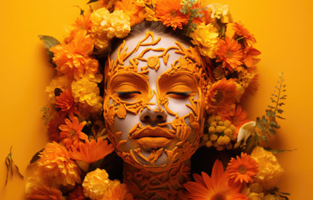 Abstract art portrait of young woman with flowers decoration comelinessの素材