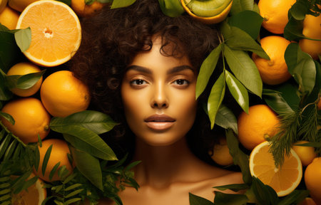 Abstract art portrait of young woman with flowers decoration comelinessの素材