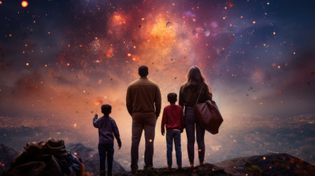 Happy people looking up to the sky with firework in new year 2024 night celebrate happy new year festival 2024 comeliness.の素材