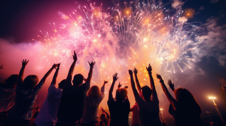Crowd of People Watch Fireworks Display for New Years or Fourth of July Celebration comelinessの素材