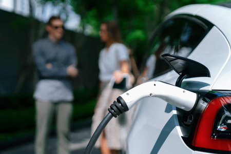 Young couple travel with EV electric car charging in green sustainable city outdoor garden in summer shows urban sustainability lifestyle by green clean rechargeable energy of electric vehicle innardsの写真素材