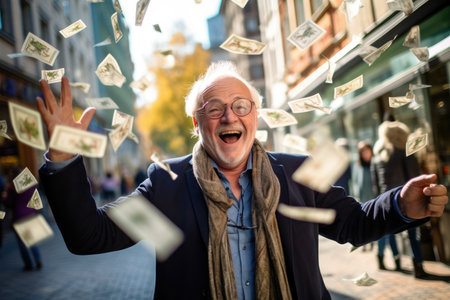 Happy person getting bonus money and banknotes flying in the air and get lucky rich and financial freedom comelinessの素材