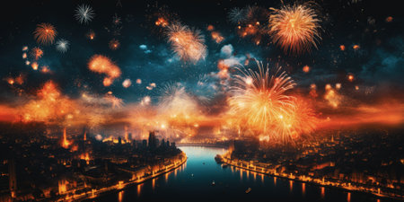 Firework explosion in the night sky celebrating happy new year 2024 . National firework shooting in the beautiful sky for a new year day of year 2024 .の素材