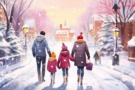 Happy family Father, mother and children are having fun and playing on snowy winter walk in nature. comelinessの素材