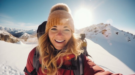 Traveler influencer taking selfie during travel in winter season backpack on alps mountain comelinessの素材