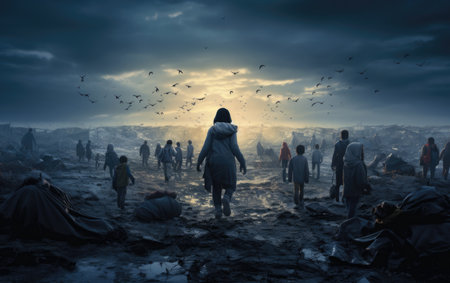 Civilian refugee affected from aggression of war and battle escape city from war zone which has no little comelinessの素材