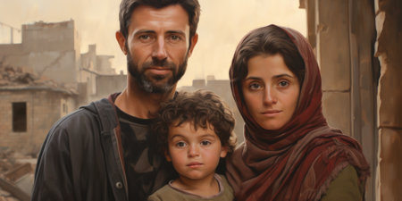 Civilian refugee affected from aggression of war and battle escape city from war zone which has no little comelinessの素材