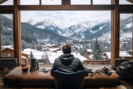 Traveler enjoying weekends inside contemporary barn house in the mountains. Happy tourist looking through panoramic windows in new cottage. comelinessの素材