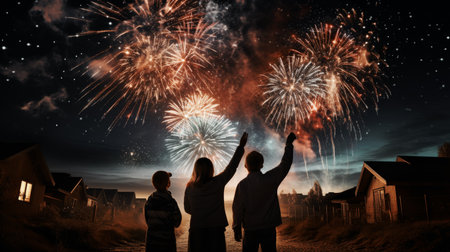 Firework explosion in the night sky celebrating happy new year 2024 . National firework shooting in the beautiful sky for a new year day of year 2024 .の素材