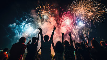 Crowd of People Watch Fireworks Display for New Years or Fourth of July Celebration comelinessの素材