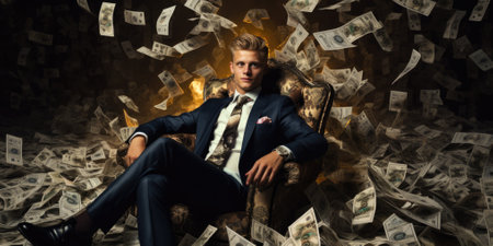 Billionaire on Huge Pile of Banknotes Rich and Prosperity Comelinessの素材