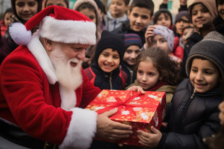 Santa Claus giving christmas gift to children in the city with comelinessの素材