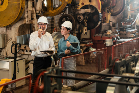 Factory engineer manager with assistant using laptop to conduct inspection of steel industrial machine, exemplifying leadership as machinery engineering inspection supervisor in metalwork manufacture.の写真素材