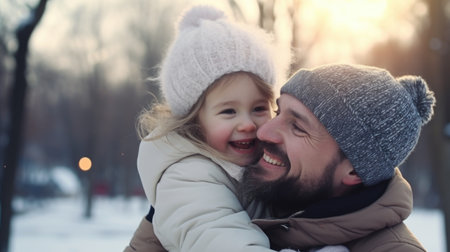 Happy family having fun while travel outdoor in winter enjoying time together comelinessの素材