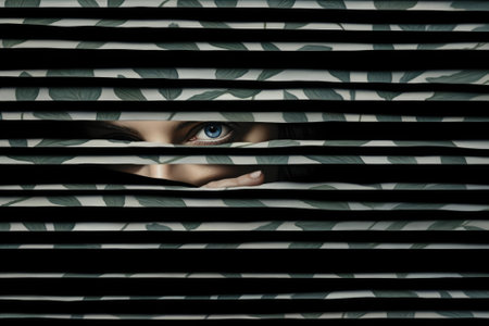 Scary eye peek out of strip lines abstract concept of unhappy vision minimal comelinessの素材