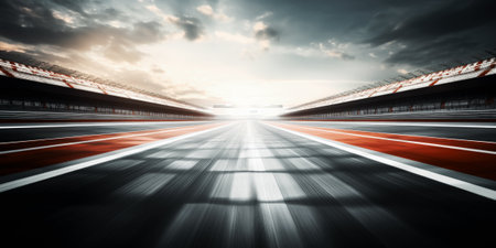 F1 race track circuit road with motion blur and grandstand stadium for Formula One racingの素材