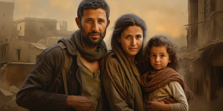 Civilian refugee affected from aggression of war and battle escape city from war zone which has no little comelinessの素材