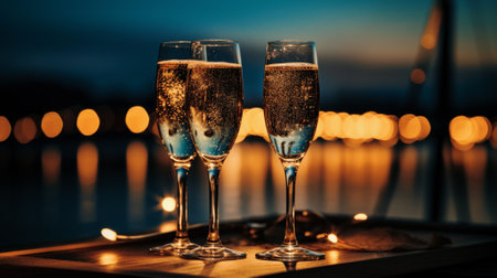 New Years celebration with fireworks and champagne glasses at night comelinessの素材
