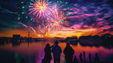 Firework explosion in the night sky celebrating happy new year 2024 . National firework shooting in the beautiful sky for a new year day of year 2024 .の素材