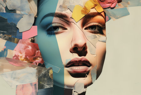 Abstract art portrait of young woman with flowers decoration comelinessの素材