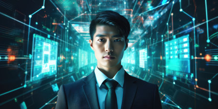 Tech analyst study cyber data chart from corporate system for statistical analytic defining marketing plan and strategy to compete in futuristic technology businessの素材