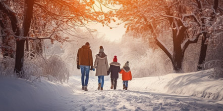 Happy family Father, mother and children are having fun and playing on snowy winter walk in nature. comelinessの素材