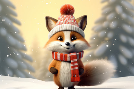 Cute happy fox in winter wearing christmas and warm cloth comelinessの素材