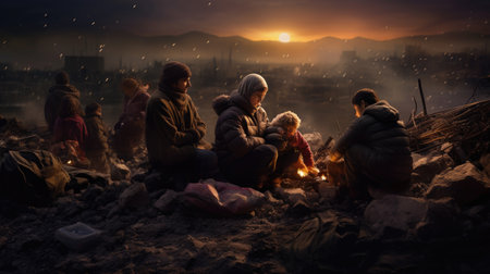 Civilian refugee affected from aggression of war and battle escape city from war zone which has no little comelinessの素材