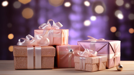 Christmas gift boxes on a wood table ready for joyful holiday celebration, merry Christmas and happy new year 2024 festival comelinessの素材