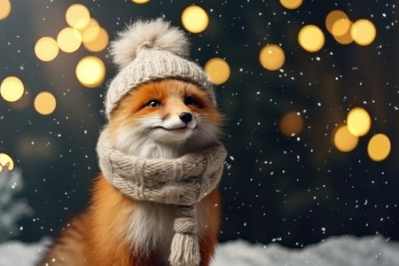 Cute happy fox in winter wearing christmas and warm cloth comelinessの素材