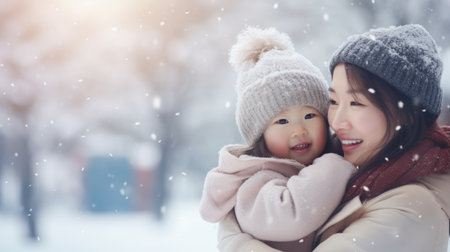 Happy family having fun while travel outdoor in winter enjoying time together comelinessの素材