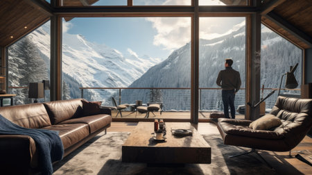 Traveler enjoying weekends inside contemporary barn house in the mountains. Happy tourist looking through panoramic windows in new cottage. comelinessの素材