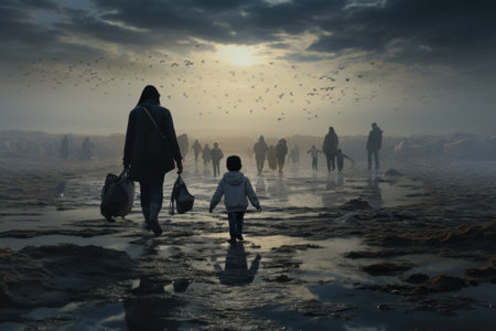 Civilian refugee affected from aggression of war and battle escape city from war zone which has no little comelinessの素材