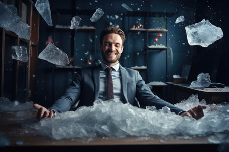 Calm happy and relax businessman in frost office room comelinessの素材