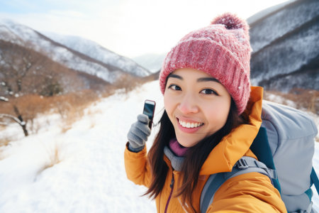 Traveler influencer taking selfie during travel in winter season backpack on alps mountain comelinessの素材