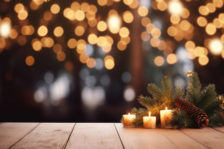 Merry Christmas and Happy New Year background with empty wooden table over Christmas tree and blurred light bokeh. Empty display for product placement. Rustic vintage Xmas 2024 background. comelinessの素材