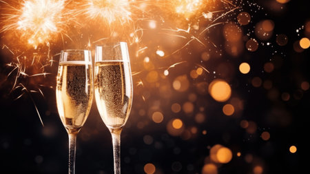 New Years celebration with fireworks and champagne glasses at night comelinessの素材