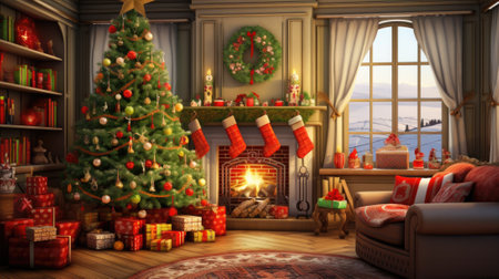 Interior of decorated living room with Christmas tree and comfortable sofa for family comelinessの素材