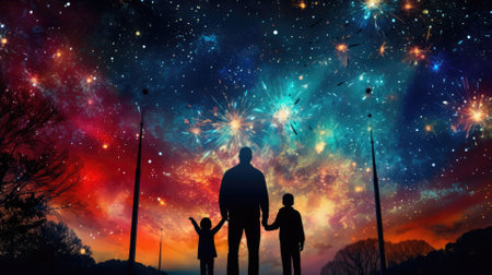 Happy people looking up to the sky with firework in new year 2024 night celebrate happy new year festival 2024 comeliness.の素材