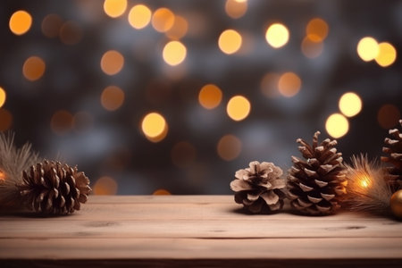 Merry Christmas and Happy New Year background with empty wooden table over Christmas tree and blurred light bokeh. Empty display for product placement. Rustic vintage Xmas 2024 background. comelinessの素材