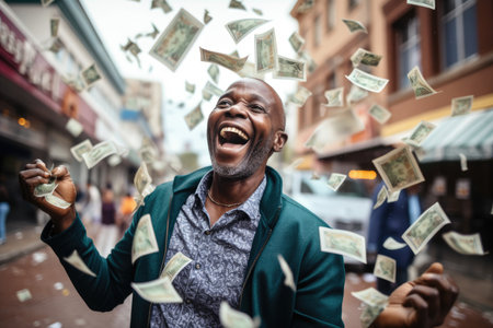 Happy person getting bonus money and banknotes flying in the air and get lucky rich and financial freedom comelinessの素材