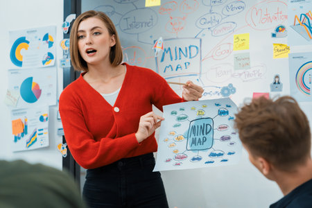 Professional young leader present business idea by using mind map at business meeting surrounded by professional cooperate colleague discussing and brainstorming about her strategy. Immaculate.の写真素材