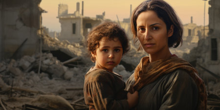 Civilian refugee affected from aggression of war and battle escape city from war zone which has no little comelinessの素材